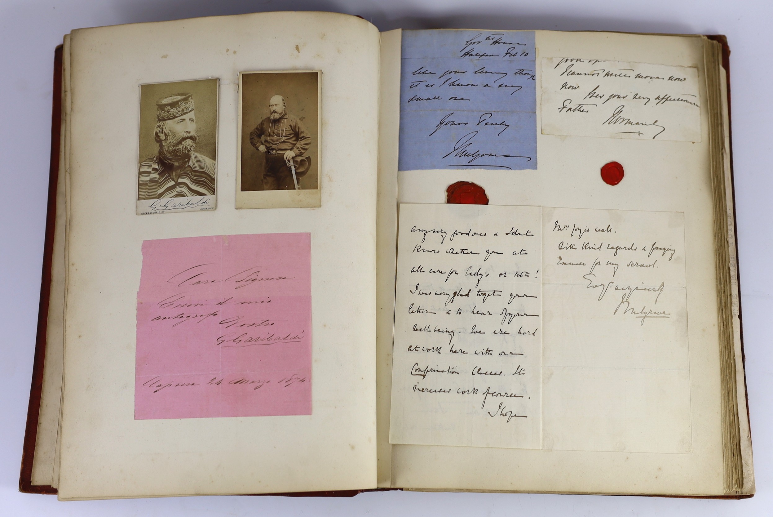 A mid 19th album of autographs, and cabinet photographs, formed by George Joy son of Edward Joy, of Edward Joy and Sons, makers of Filtrate oils, and a Miss Shaw, 130 pages